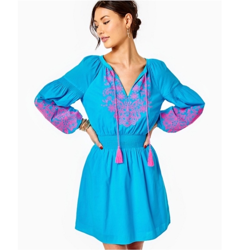 Lilly Pulitizer Turquoise Oasis Analynn Boho Blouson Dress Size Small